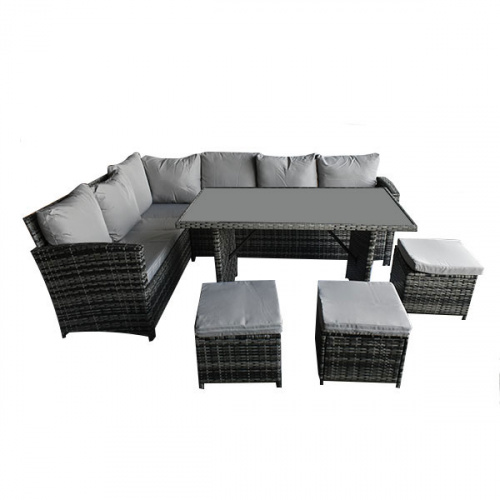 Heim Edan Rattan 3 Seater Corner Sofa+Stool Outdoor Dining Set Gray