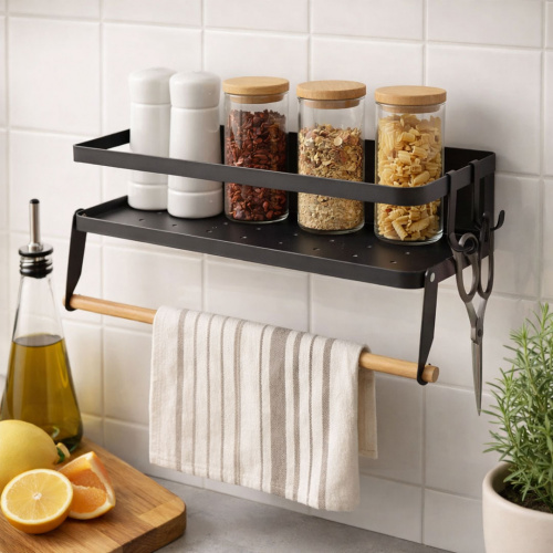 Kessel Simone Black Wall Mount Kitchen Towel Holder with Rack